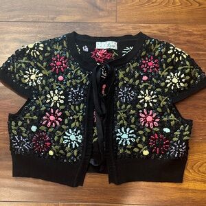 Have Black Floral Embroidered Sequin Shrug, Size Medium, Vintage!